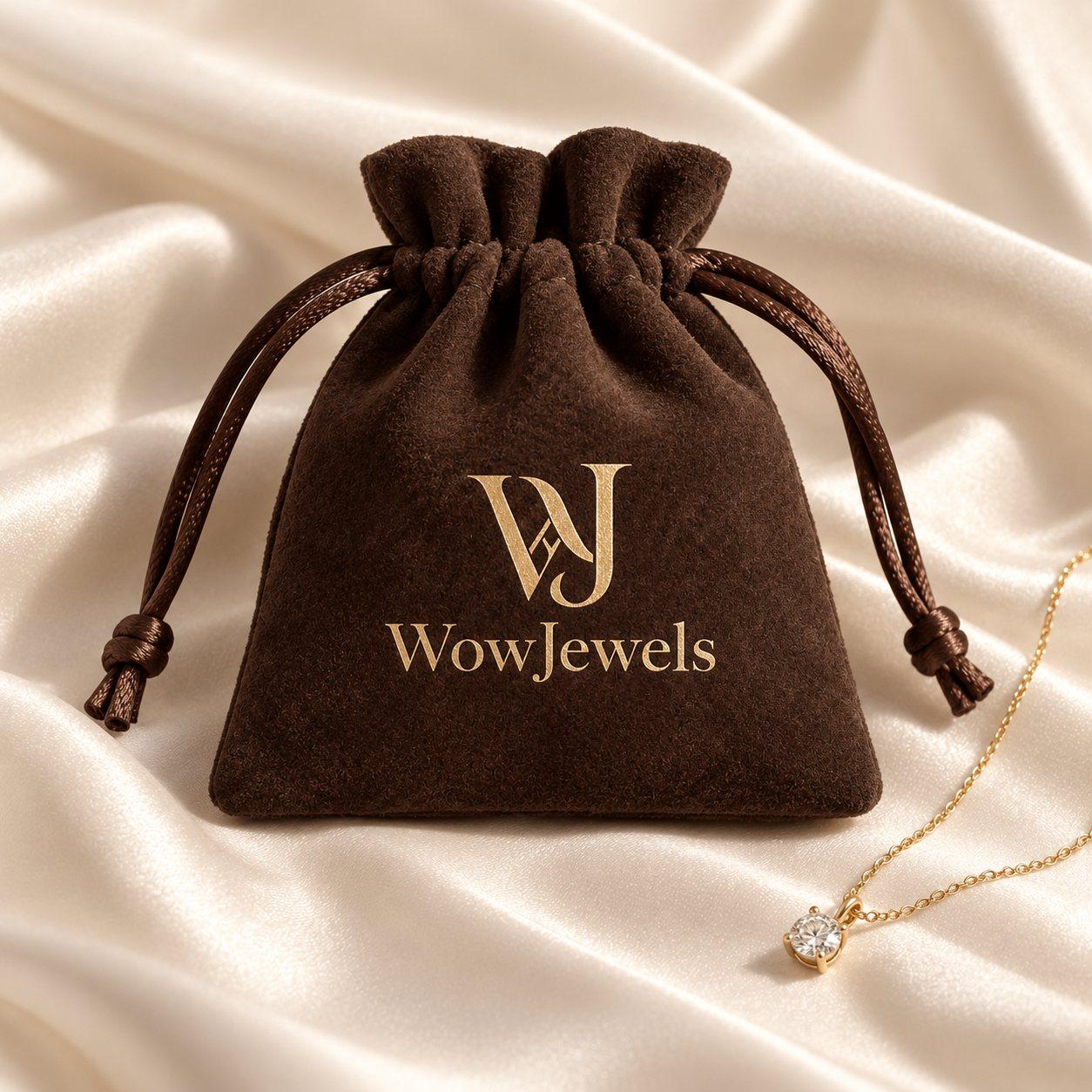 WowJewels suede jewelry pouch with a delicate necklace