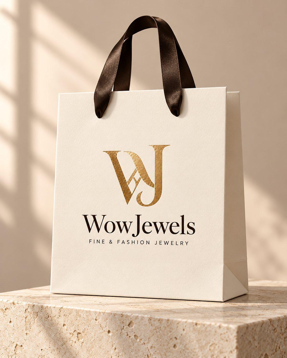 WowJewels ivory shopping bag with espresso ribbon handles