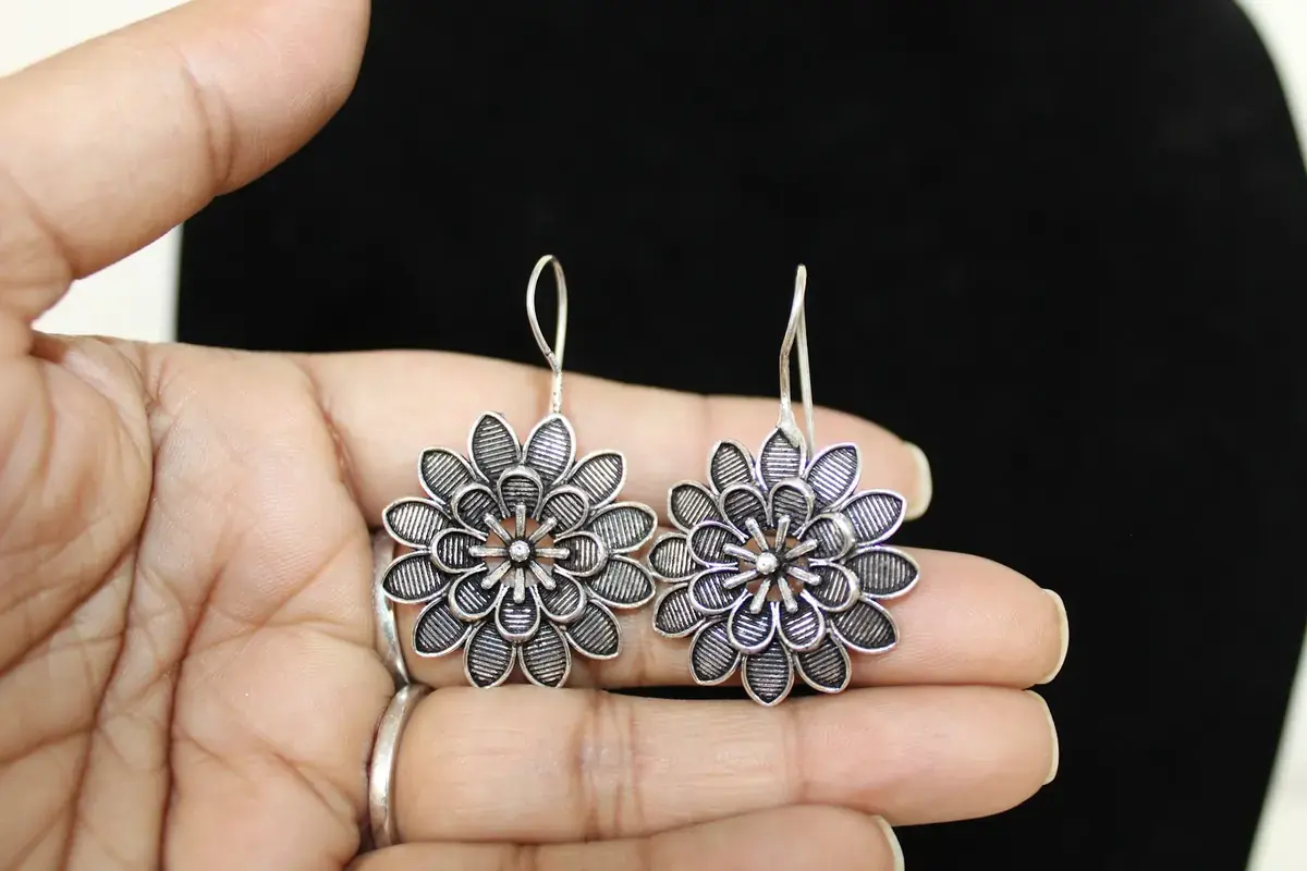 Oxidised Flower Hook Earrings