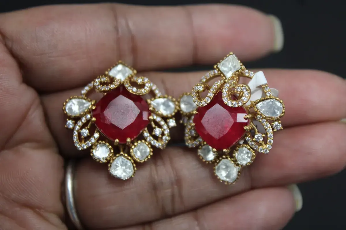Red Stone Kundan Scroll Studs