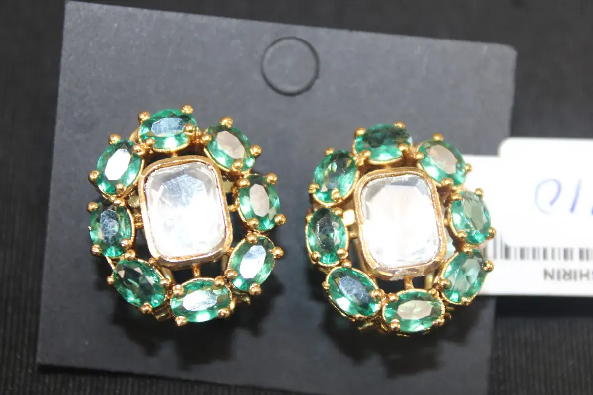 Green Stone Square Kundan Studs